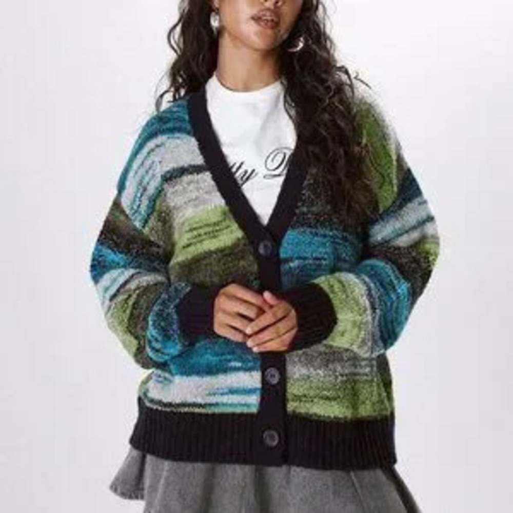 ZARA Multicolor Casual Women's Contrast Binding striped Marble Knit Cardigan